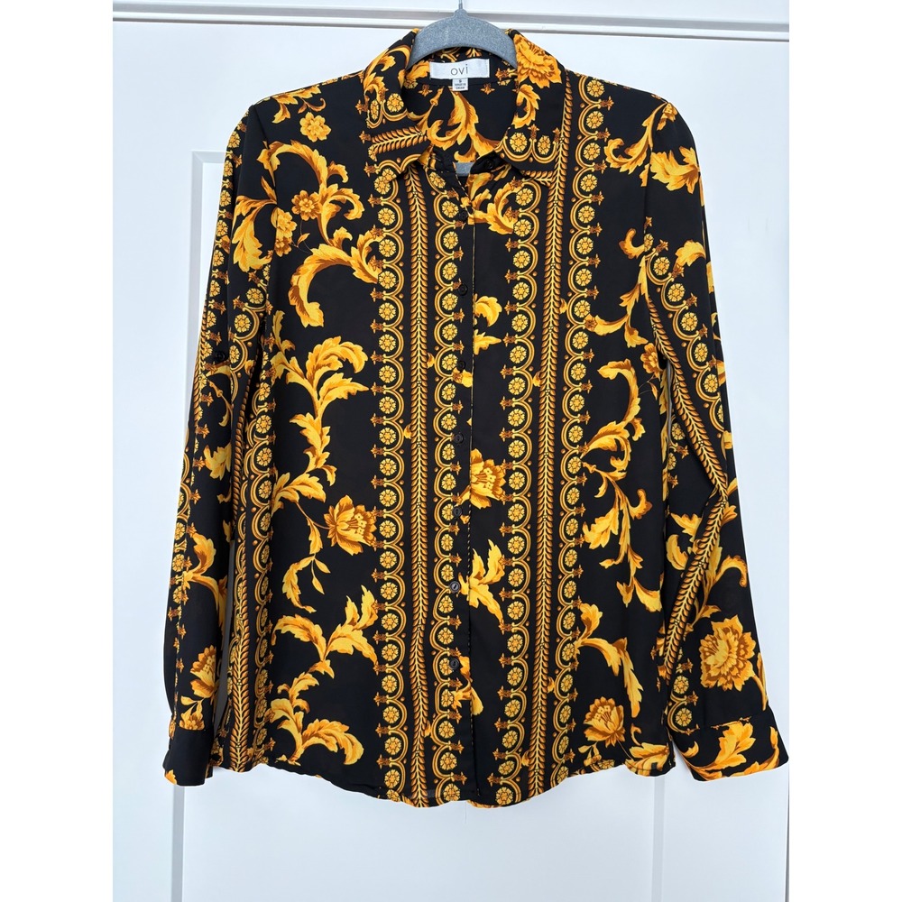 Ovi Women's S Black Gold Baroque Scroll Floral Print Button Down Money Top